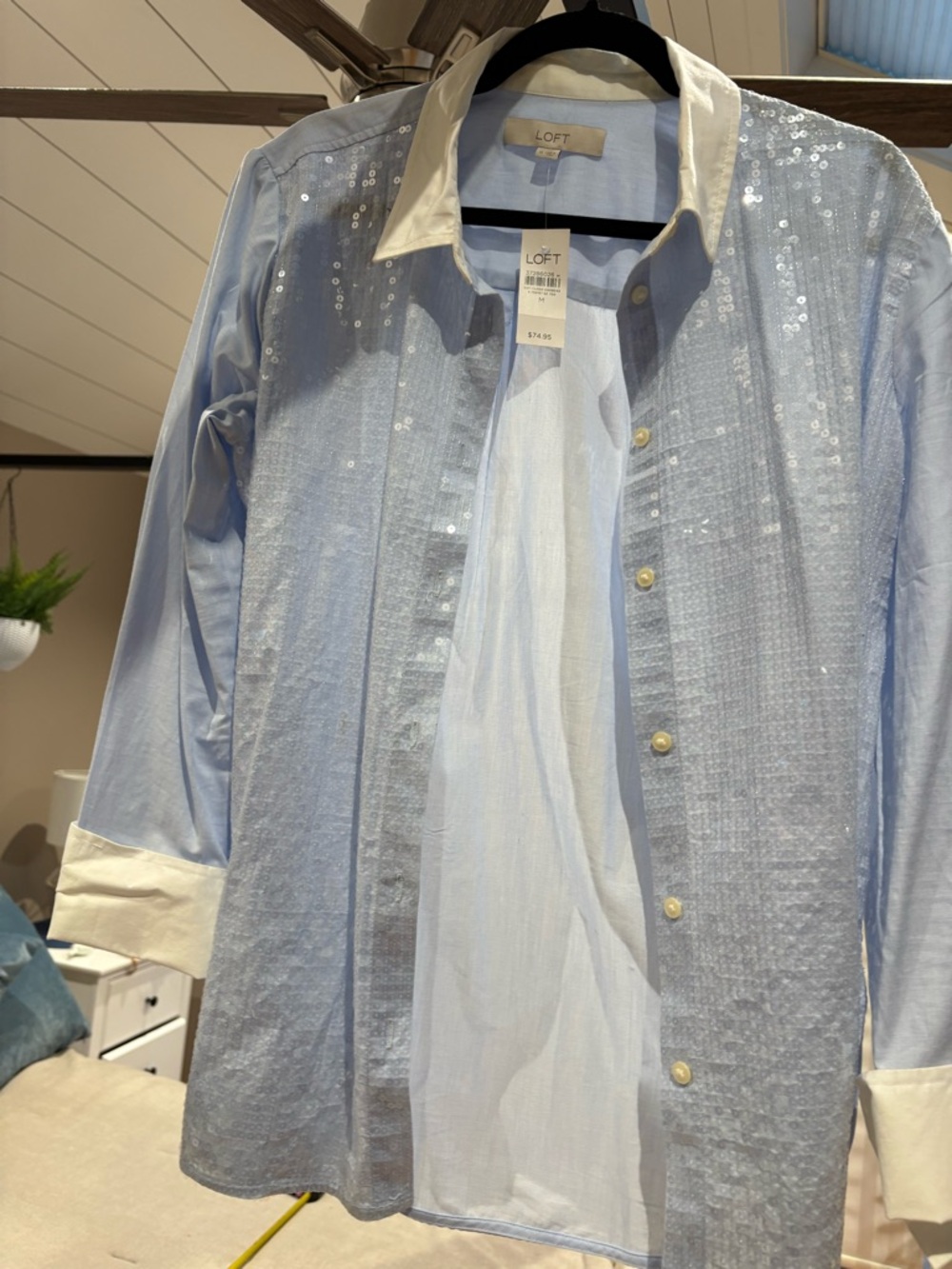 LOFT Light Blue Sequin Button-Down Shirt with White Collar size medium